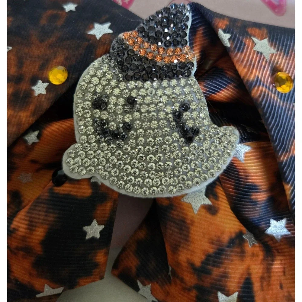 JoJo Siwa Halloween Ghost Hair Bow Orange Black Tie Dye Rhinestone Stars NWT
